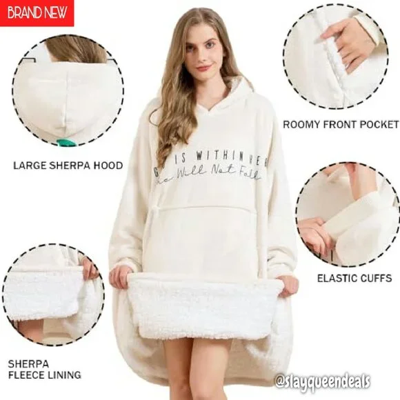 Oversized Sherpa Fleece Wearable Blanket Hoodie with Pocket